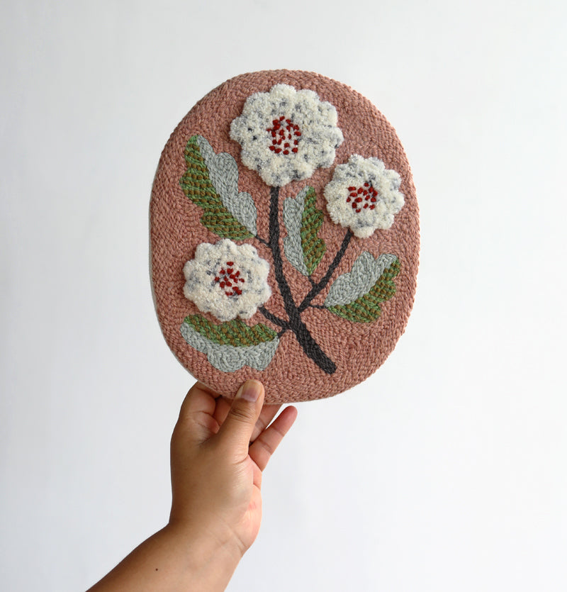 puff flower on pink shape- PUNCH NEEDLE