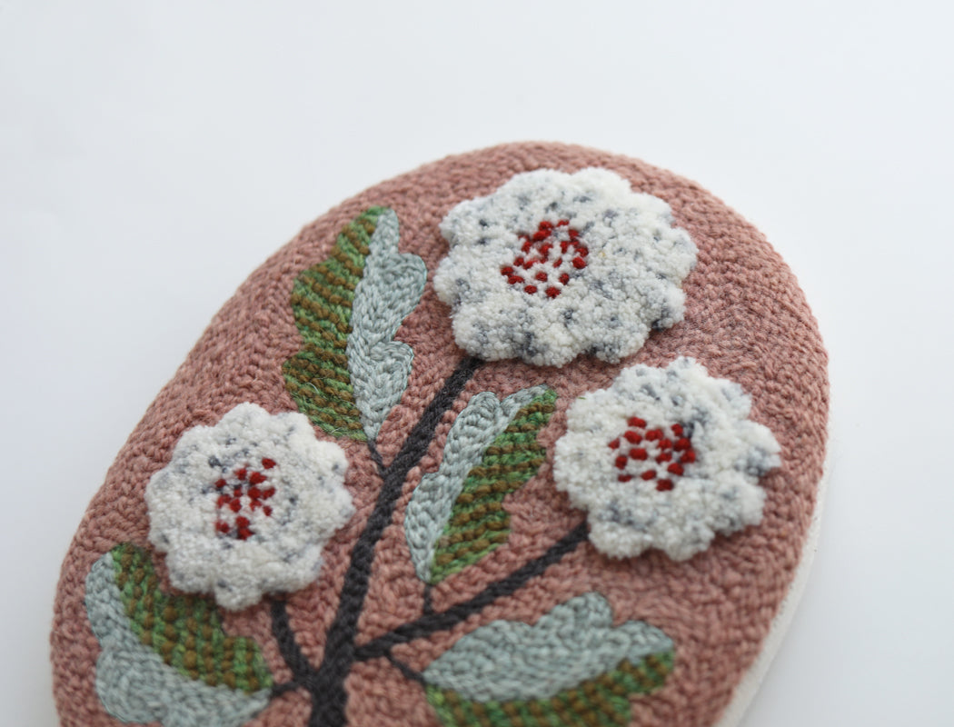 puff flower on pink shape- PUNCH NEEDLE