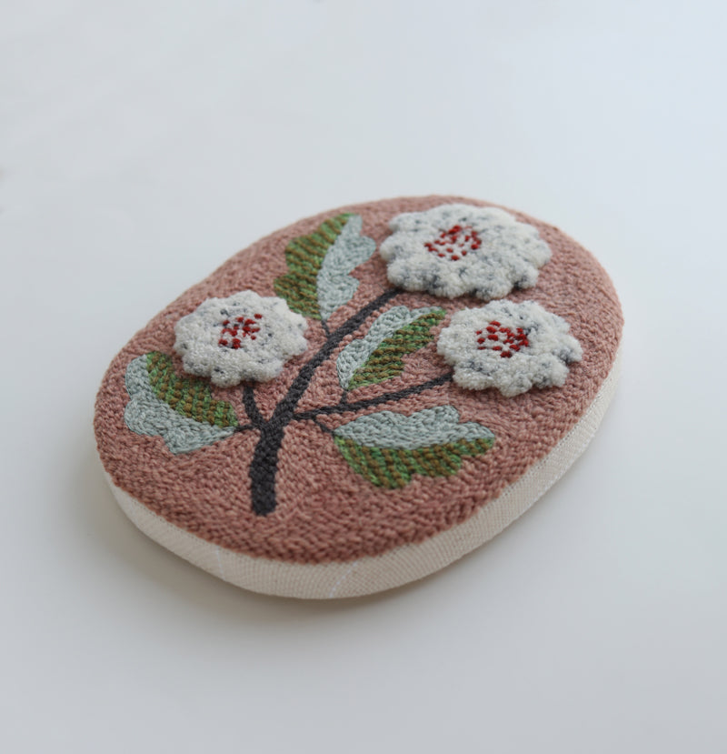 puff flower on pink shape- PUNCH NEEDLE