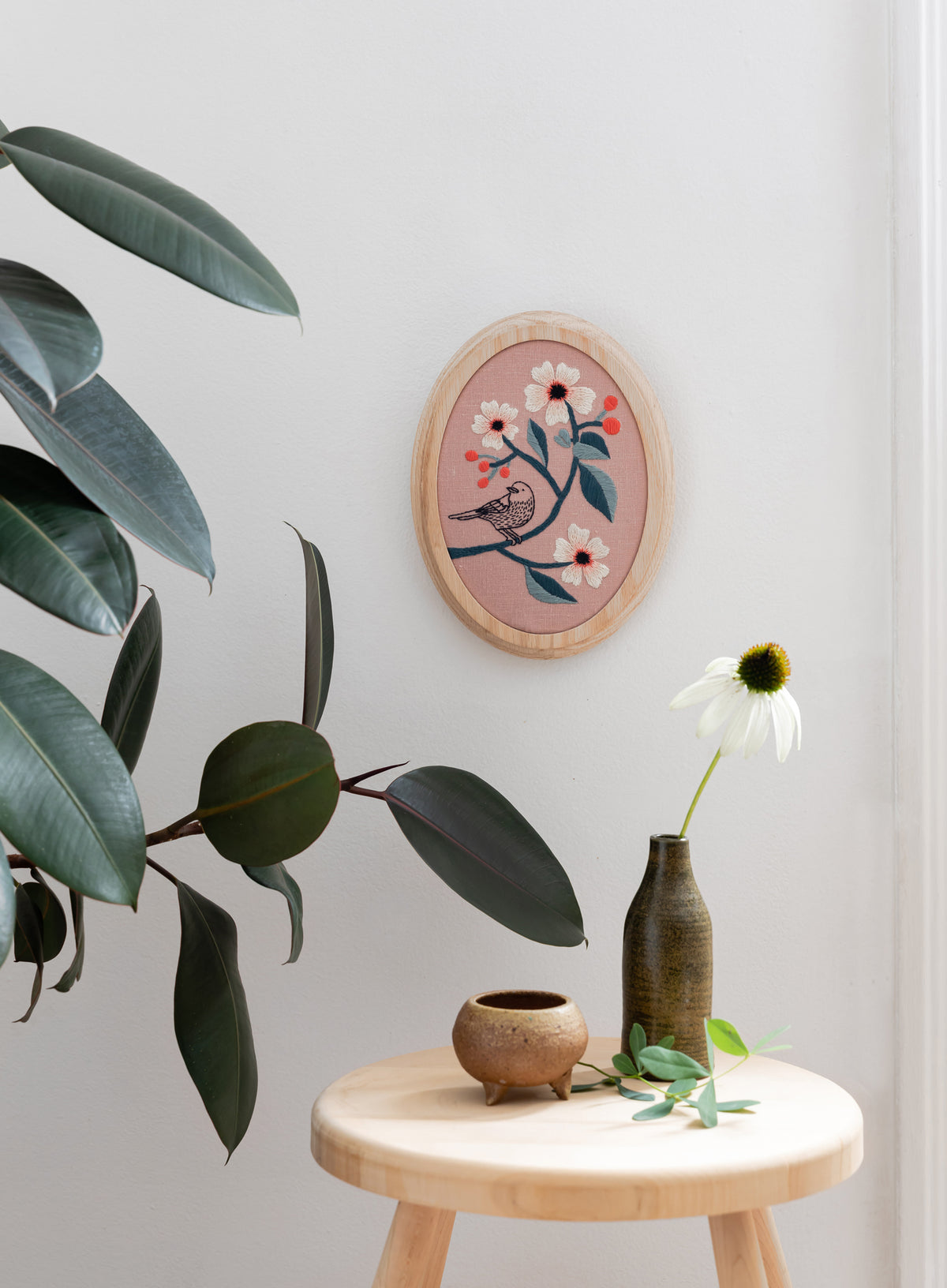 Bird/flower oval wall art