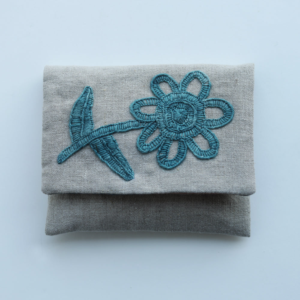 Indigo floral embroidery pouch