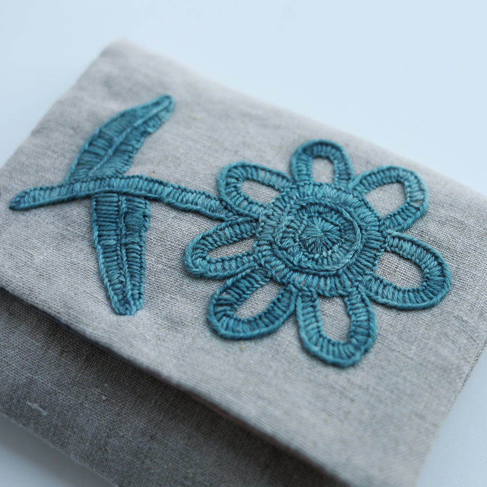 Indigo floral embroidery pouch